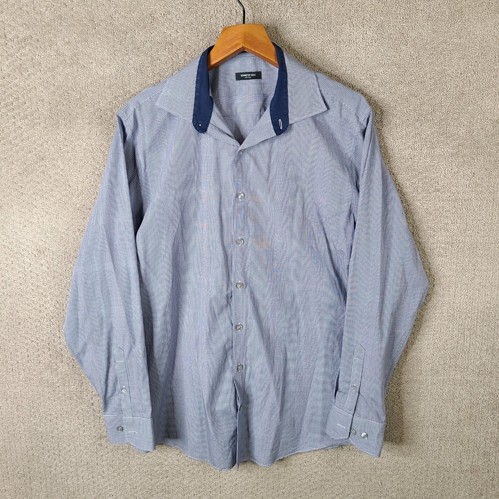 Kenneth Cole Shirt Mens 16.5 34/35 Blue Gingham Button Down Cotton Long Sleeve